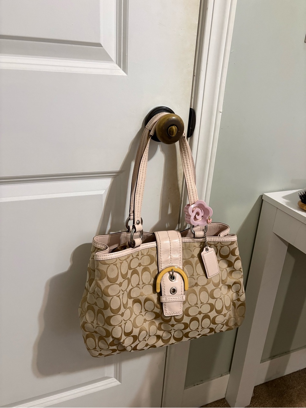 Coach Beige Signature Canvas Shoulder Bag with Pink Trim
